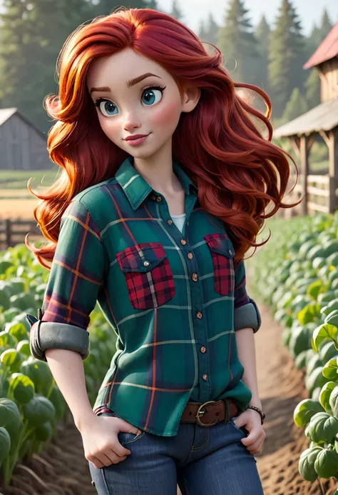 moda disney,  with red hair, flannel shirt, rolled up sleeves, farm scenario, detailded, intrikate, high qualiy