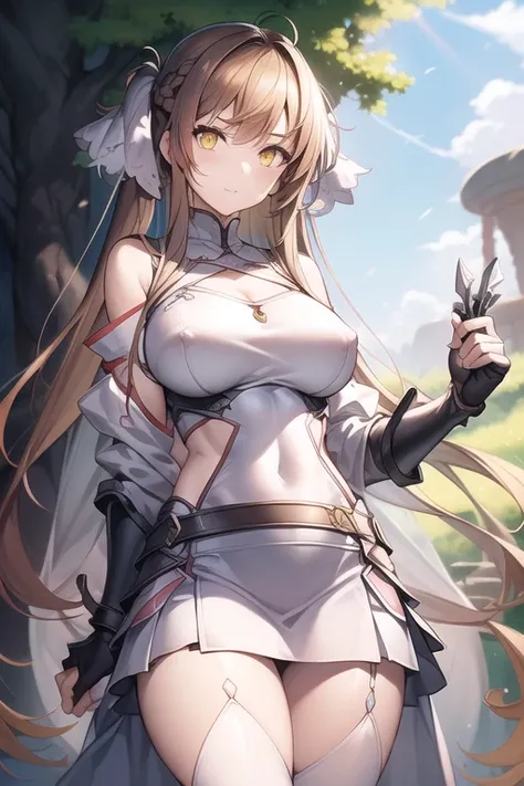 NSFW, uncensored, One girl, 1 strong, heavily armored soldier with a great sword, Two people having a party, Light cherry-coloured hair, Yellow Eyes, Braiding, french Braiding, Long Hair, Twin tails, Both sides up, Sweat, Hot body, Glowing Skin, gentle eye...