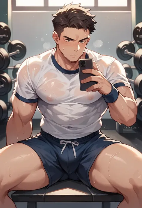 A dark-haired man sitting on gym equipment, he is wearing gym clothes and taking a photo with his cell phone, Hes sweaty