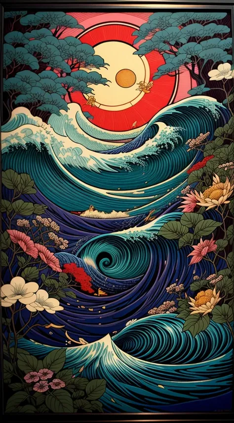 a close up of a painting of a wave and a sun, victo ngai and tristan eaton, layered  art, intricate detailed digital art, inspired by Utagawa Kunimasa, inspired by Utagawa Kuniyoshi, insanely detailed art, ultra detailed color art, pop japonisme 3 d ultra ...