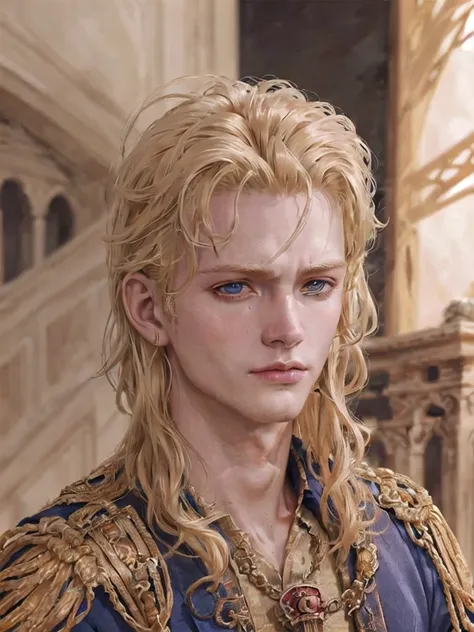 undefined, Gaius Julius Caesar, in royal clothes, golden blonde hair, blue eyes, rough facial features, high, athletic and large, predatory atmosphere