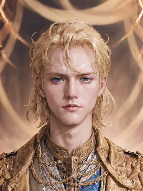 undefined, Gaius Julius Caesar, in royal clothes, golden blonde hair, blue eyes, rough facial features, high, athletic and large, predatory atmosphere