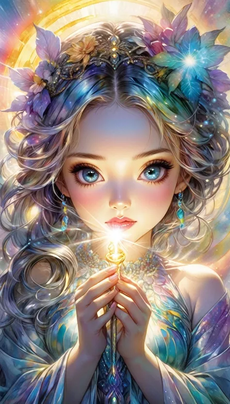 An awe-inspiring watercolor and ink masterpiece inspiring by Jasmine Becket-Griffith, featuring an enchanting, ethereal charming woman radiating celestial energy and holding a radiant light in her hands. Extraordinarily well detailed, serene and caring fac...