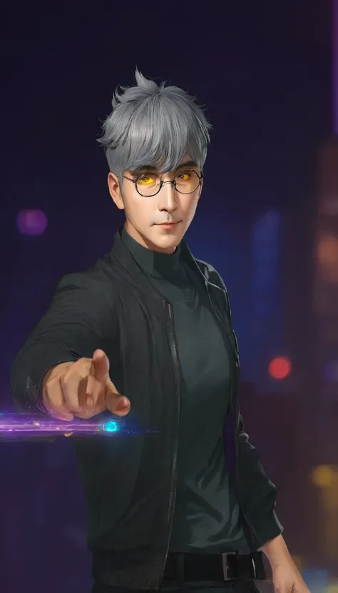 Male, handsome, round glasses, gray hair, small horns, yellow eyes, hand pointing