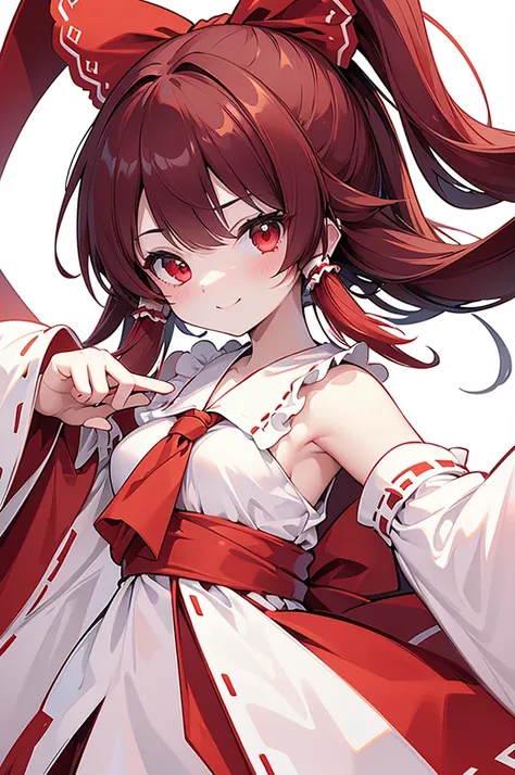 (Highest quality)　(4K)　(8k)　(High resolution)　(masterpiece:1.2)　(Super detailed)　One girl　Reimu Hakurei　Red eyes　White Background　(Upper Body)　smile