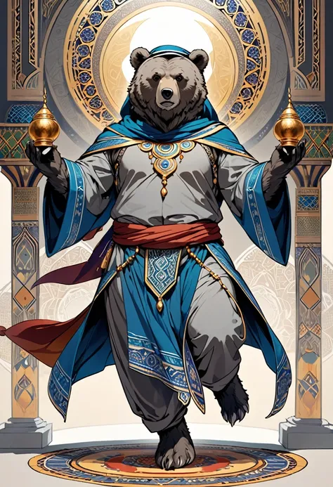 Gray bear sorcerer on two legs in rich Middle Eastern clothes 