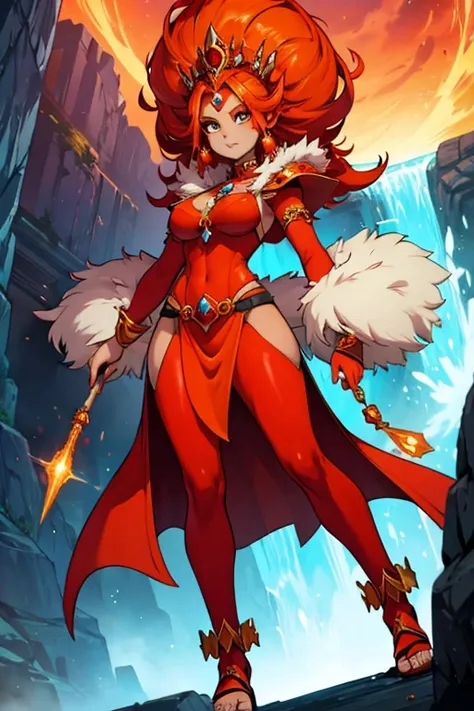 Fire princess with orange skin and red crystal on her forehead, with extravagant clothes 