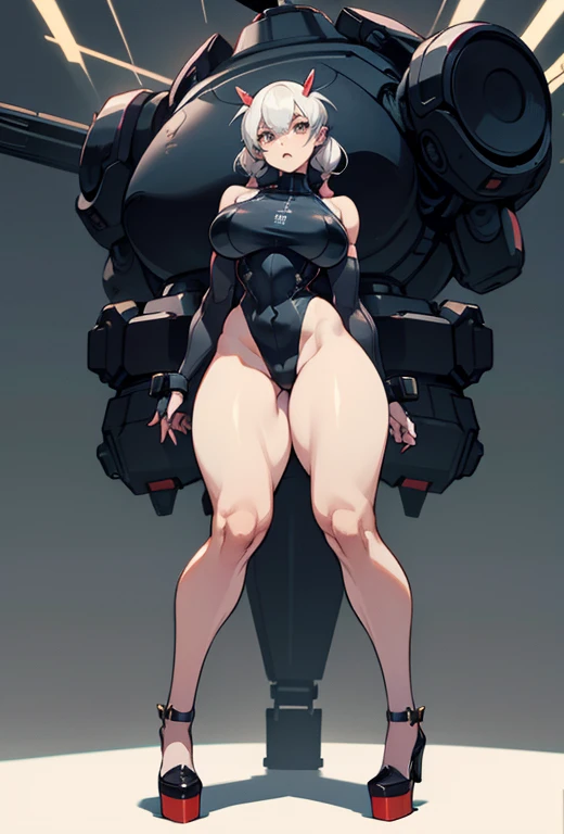 young girl, Pullover,  high cut leotard, whole body to see, angry look , scream, pigtails hair, (( very wide hips)), (((colossal Thighs, gigantic thighs, very huge thighs, very big thighs))), fullbody, platform heels, pale skin, very Big breast, gun, cyber...