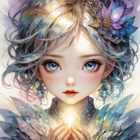 An awe-inspiring watercolor and ink masterpiece inspiring by Jasmine Becket-Griffith, featuring an enchanting, ethereal charming woman radiating celestial energy and holding a radiant light in her hands. Extraordinarily well detailed, serene and caring fac...