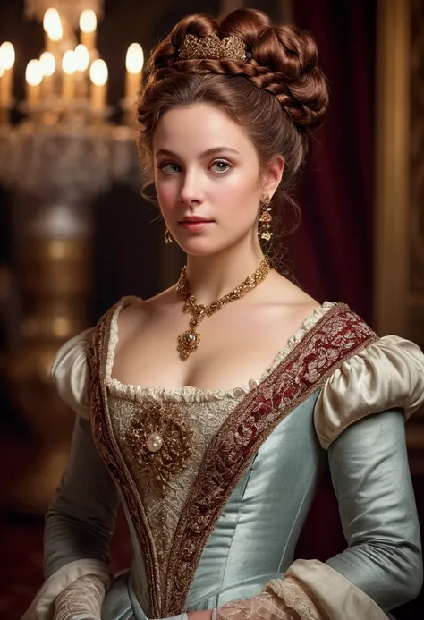 (High resolution, Super detailed), Beautiful aristocratic woman of victorian era, Europe in the 18th century, reddish brown hair，Exquisite high bun braid hairstyle, curls, elegant ballroom dress, Standing in the luxurious banquet hall, Delicate and meticul...