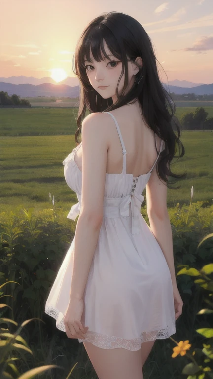 (masterpiece), (best quality), (absurdres), (looking at viewer), (cowboy shot), peaceful face,
sunset, 
country side, outdoors,
long hair, black hair, natural wavy, side bang, fringe, black eyes,
dress, bare legs, standing,