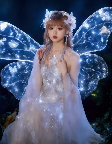 (Lalisa Manobal, age 25)A cute fairy (crystalline butterfly wings, prismatic hair, large eyes, spider silk gown) is dancing in a ring of toad stools, ethereal lighting, woods at night
