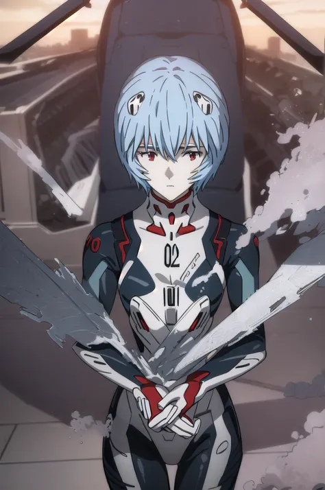 Rayanami, Rei Ayanami, (Ayanami Rei:1.2), Blue Hair, short hair, (Red eyes:1.3),
break bodysuit, headgear, Plug Suit, Black bodysuit,
break outdoors, city, null, sun, cloud,
break looking at viewer, (Cowboy Shot:1.5),
break (masterpiece:1.2), Highest quali...