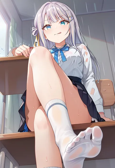 score_9, score_8_superior, score_7_superior, sauce_anime, One girl, Aria, Grey Hair, Long Hair, Ahoge, Hair Ribbon, blue eyes, , bow tie, Black Skirt, White knee socks, Sitting, テーブルのsuperiorに, Feet Focus, Mischievous face, Licking lips, View your viewers,...