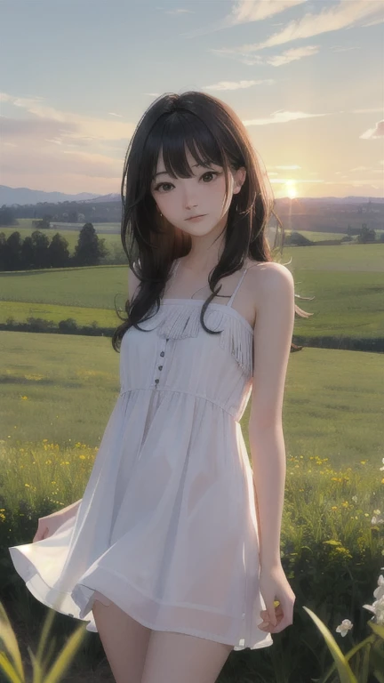 (masterpiece), (best quality), (absurdres), (looking at viewer), (cowboy shot), peaceful face,
sunset, 
country side, outdoors,
long hair, black hair, natural wavy, side bang, fringe, black eyes,
dress, bare legs, standing,