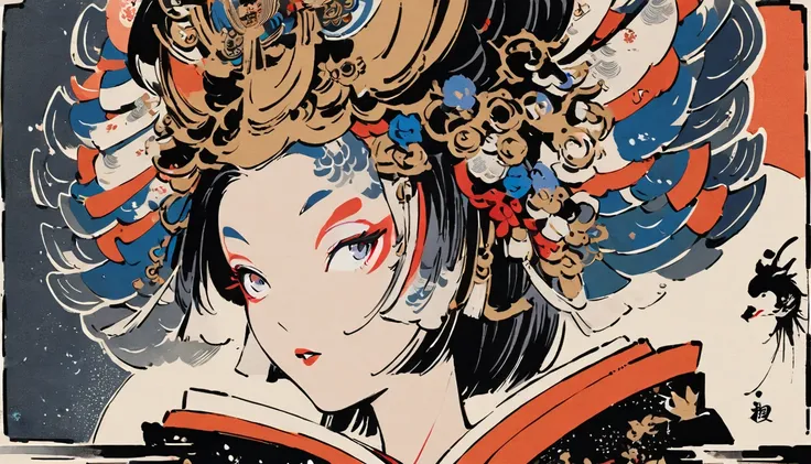 Ink Painting, (((1 girl))), (((Oiran))), (((Very flashy hair accessories))), (((Very fancy kimono))), Japanese style headphones, face close-up, Japanese Beauty, Black Hair, Delicate and precise, Modern ukiyo-e style, vivid color