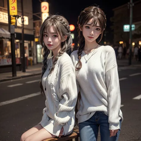 Realistic skin texture:2,1 Japanese girl,(White Vネック sweater:1.4), Skinny Blue Jeans、Daytime street snap,(RAW Photos, Highest quality), (Realistic, Photorealistic:1.4), Tabletop, Very delicate and beautiful, Very detailed, 8k wallpaper, wonderful, In detai...