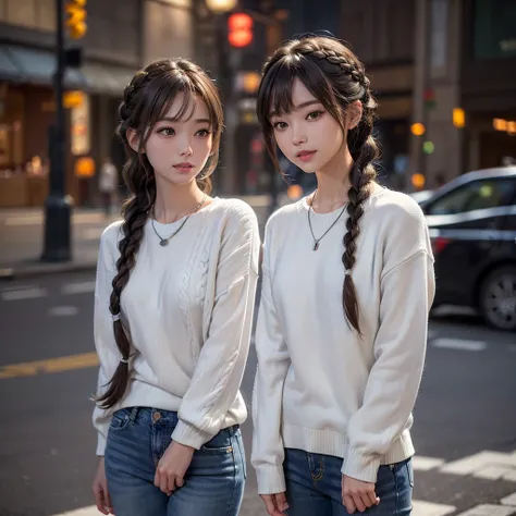 Realistic skin texture:2,1 Japanese girl,(White Vネック sweater:1.4), Skinny Blue Jeans、Daytime street snap,(RAW Photos, Highest quality), (Realistic, Photorealistic:1.4), Tabletop, Very delicate and beautiful, Very detailed, 8k wallpaper, wonderful, In detai...