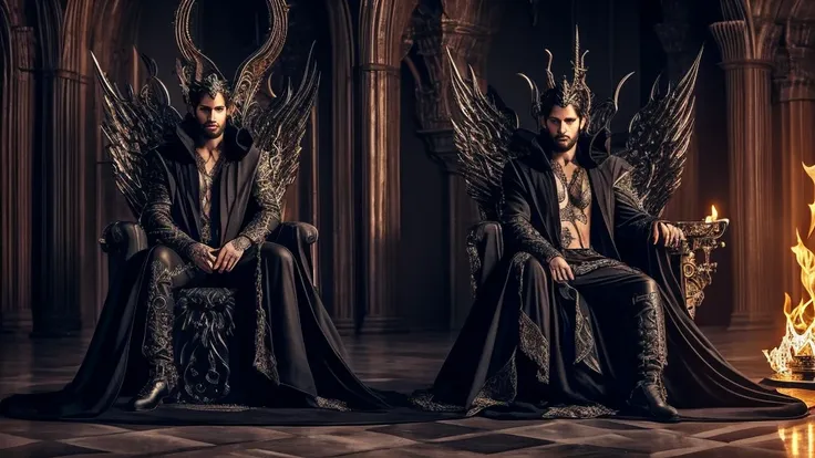 lucifer sitting in the trone of hell. he has long black hair, huge thorny crown on his head, there are two huge horns on his for...