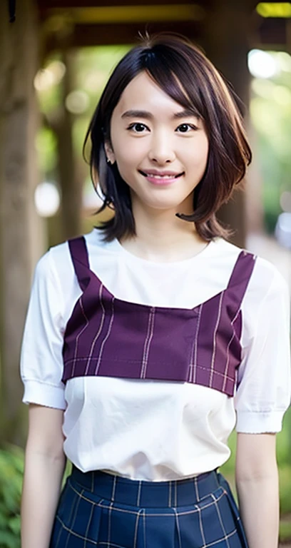 Highest quality, masterpiece, Ultra-high resolution, (Realistic:1.4), One Girl, Beautiful Japanese Woman, whole body, Beautiful Skin, Black Hair:1.7, gakki, ((short hair:1.5)), Age 18, Smile happily:1.2, Outdoor, ((Checked mini skirt、uniform、Big Breasts))