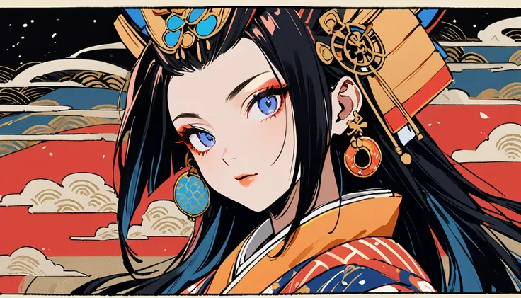 (((1 girl))), (((Oiran))), (((Very flashy hair accessories))), (((Very fancy kimono))), Japanese style headphones, face close-up, Japanese Beauty, Black Hair, Delicate and precise, Modern ukiyo-e style, vivid color