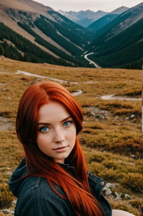 A girl of about 22 with light eyes and red hair stands in the mountains