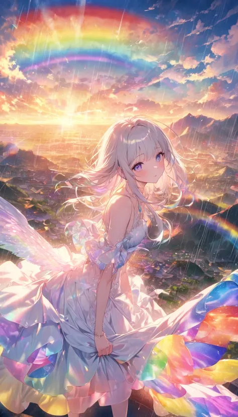 rainbow色の傘、Angel Umbrella, Detailed landscape, sunrise, rainbow, Rainy Town, horizon, In the sky, cloud、rainbow色のcloud , Lens flare, colorful, An atmosphere full of dreams and hope，masterpiece．16K, Ultra-high resolution, to be born,wonderful ,future、rainbo...