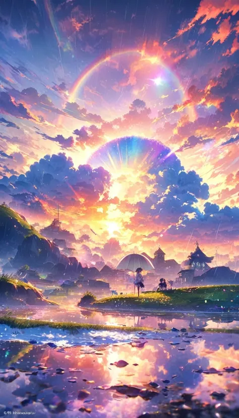 rainbow色の傘、Angel Umbrella, Detailed landscape, sunrise, rainbow, Rainy Town, horizon, In the sky, cloud、rainbow色のcloud , Lens flare, colorful, An atmosphere full of dreams and hope，masterpiece．16K, Ultra-high resolution, to be born,wonderful ,future、rainbo...