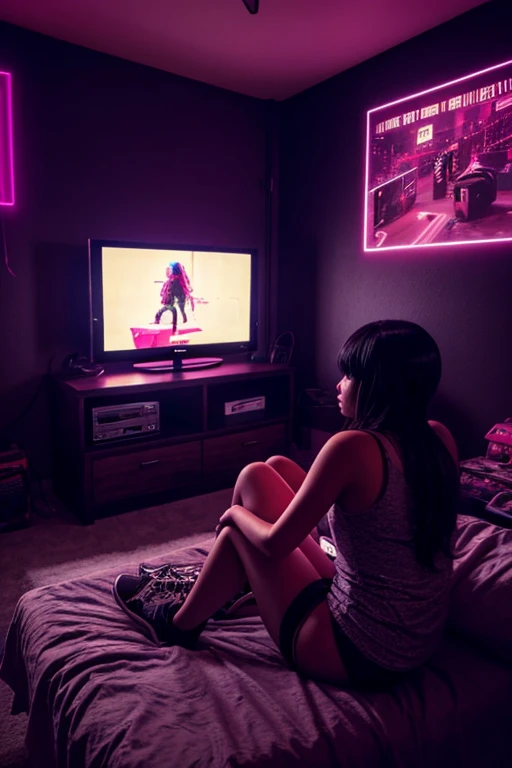 A girl plays video games while sitting on the bed in the room, Big TV, teen room with books, Cyberpunk, inspired by Liam Wong, night, darkroom, Low-fidelity illustration style, Gamers Room, Studying in the room, Cyril tumble and m.Vacaruta, teen room.  