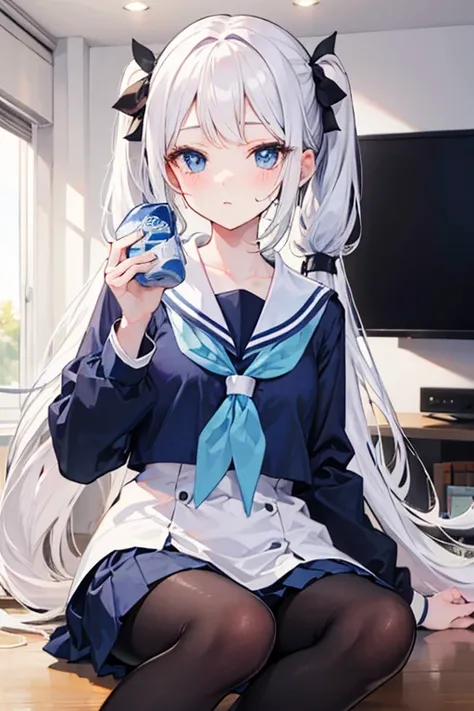 forehead,twintail hair,white hair,blue eyes,13yo and 120cm,school sailor uniform with dark black pantyhose, Pocari Sweat TV commercial style, junior high school girls youth, refreshing,forehead,