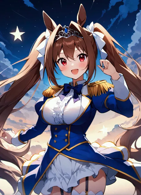 Daiwa Scarlet（Horse Girl）、Red eyes、Horse&#39;s ears、Long Hair、Twin tails、tiara、Horse tail、とてもLong Hair、Brown Hair、Epaulettes、Garter Straps、Long sleeve、Large Breasts、Red eyes、A bow tie、bangs、Puffy sleeves、Blue jacket、White thigh-high socks、Center frill、Whit...