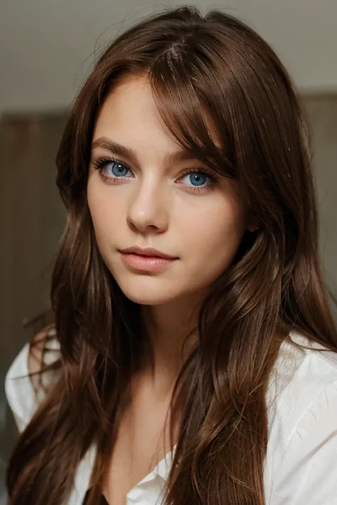 a woman with long light brown hair and blue eyes 