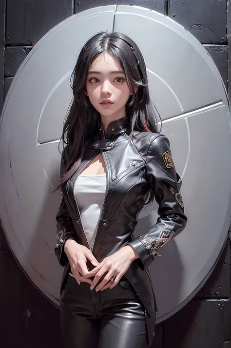 (((Highly detailed CG unit 8K wallpaper:1.2, masterpiece, High resolution:1.2, Highest quality:1.2, Tabletop))), ((Very beautiful woman, Put your hands in your pockets:1.8, Grunge Fashion:1.2, wear a blouson:1.2, Wearing black leather pants, Putting on you...