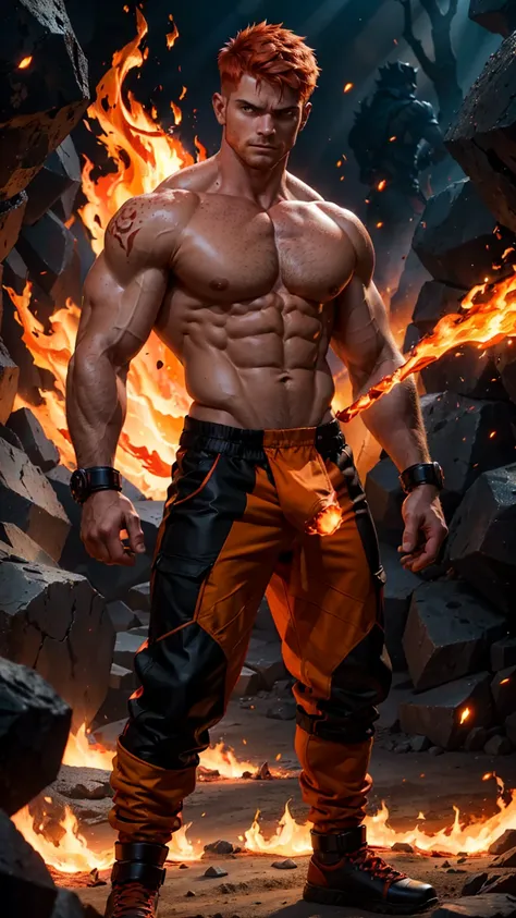 A strong, muscular man with short, fiery orange undercut hair and freckles stands in a battle-ready stance. He is shirtless, showcasing his well-defined torso and arms, and wears fitted, flame-patterned pants in red and black that accentuate his powerful p...