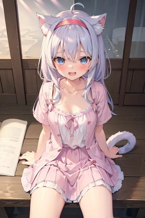 anklet,hairband,fang,yukata,cleavage,orgasm,fucked silly,detail fingers,skirt_lift,unbuttoned clothes,soaked,masterpiece, best quality, kawaii, ahoge, beautiful detailed eyes, aqua eyes, eyeball, cat_ears, medium breasts, bare legs, no legwear, wristband, ...