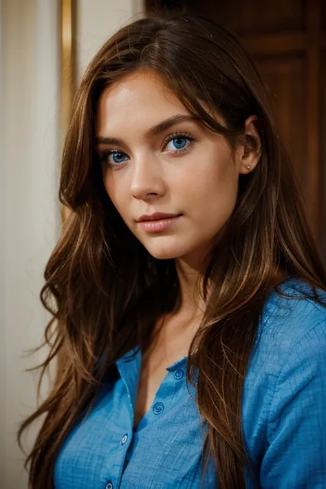 a woman with long light brown hair and blue eyes