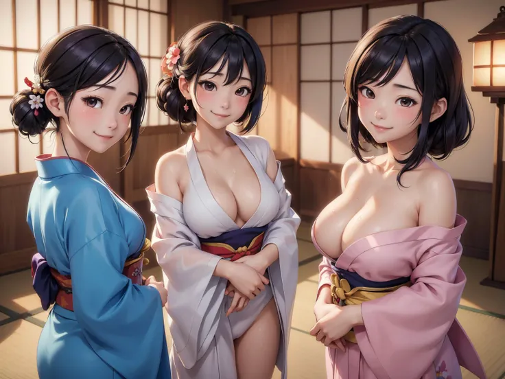 
((masterpiece、Highest quality、Official Art、Photorealistic))、Japanese Ryokan、(Three cute girls、smile、kimono)、、Exposing the breastr.々Hair style、Full nudity、Pussy、(Sweat a lot、Glowing Skin)、Anime key visual, ((The characters are unique))