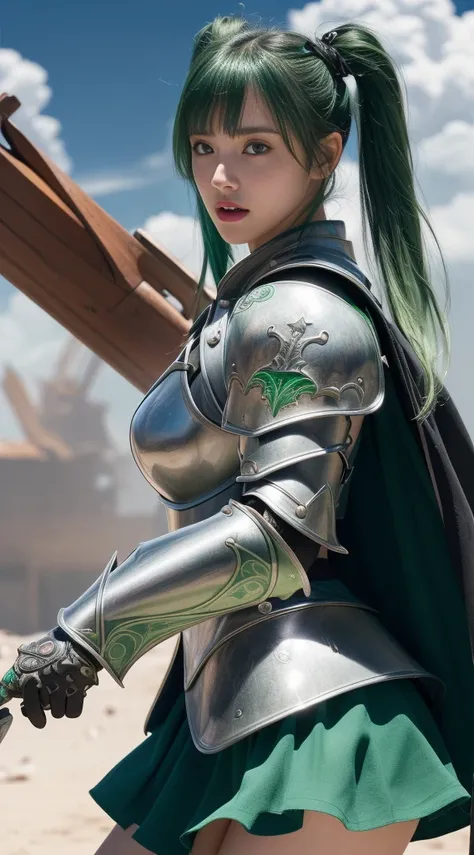 Very beautiful woman、Slender women、(Detailed face)、Realistic Skin、((Holy Knight)), ((Light green armor))、((((Highly detailed and intricately decorated black armor:1.1))))、((Delicate photo))，(Girl Astepeace RAW Photo Details:1.25), (Highest quality:1.6), (U...