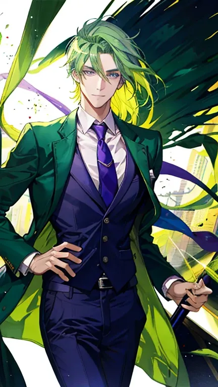 business man , green hair , purple eyes,green jacket