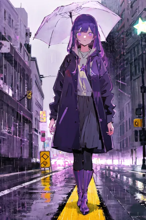 1girl, solo, raincoat, walking in the rain, flat color, rainboots, bag, transparent hood up, long sleeves, purple hair, star-sha...