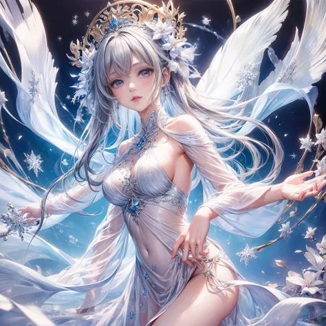 (best quality:1.4), (masterpiece:1.4), ultra-high resolution, 8K, CG, exquisite, upper body, solitude, Thumbelina, little princess, blue taffeta court dress, snowflake background, detailed facial features, silver-gray hair, almond-shaped eyes, intricate ey...