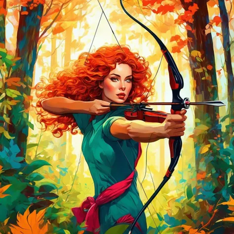 In a vibrant forest, a mesmerizing woman with flow, fiery curls confidently wield a hunting bow. Realistic details capture your fascination, while the Pop Art style adds a unique touch to the image. prompt length: 186 characters. --ar 16:9 --v 5.2