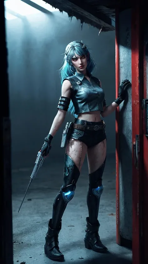 Dark and dark full body 8K drive rendering, Teenage Female Cyborg, blue hairs, Wearing broken battle armor, In a cluttered and messy hut, action SHOT, Torn tattered shirt, Cracked porcelain skin, Skin pores, Detailed complex iris, Very dark lighting, heavy...