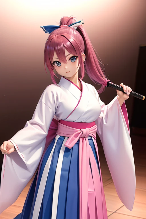 Perfect Anatomy　Highest quality,Highest Resolution,(((dark pink hair　ponytail　Blue and white hakama with latex )))　Furai no Shiren　Asuka　Japanese sword　cool