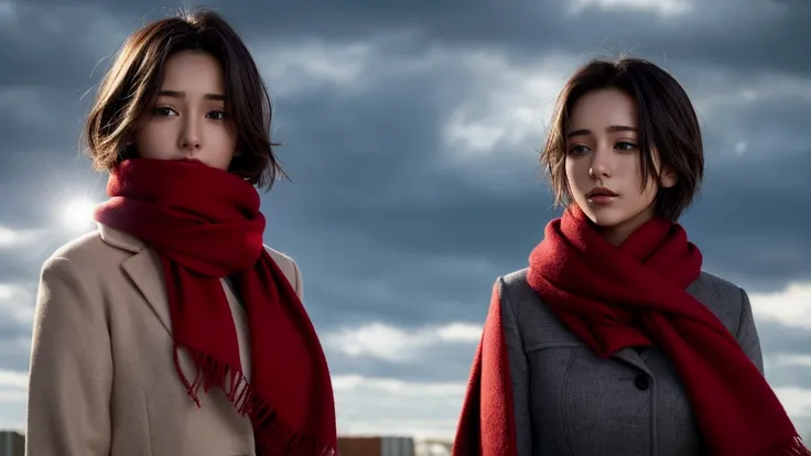 a young woman with short hair swaying in the wind holding her red scarf in her hand against a backdrop of a cloudy sky.