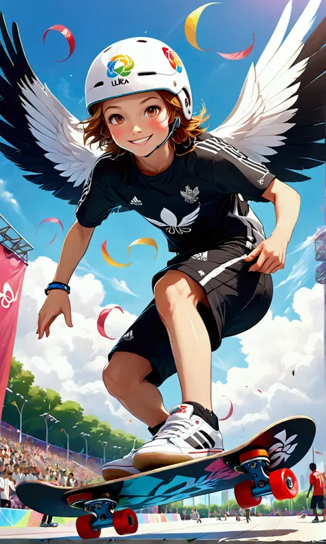 (summer olympics skateboarding competition: park: air),(smiling skateboarder: girl, 15 years old),an image depicting a skateboar...