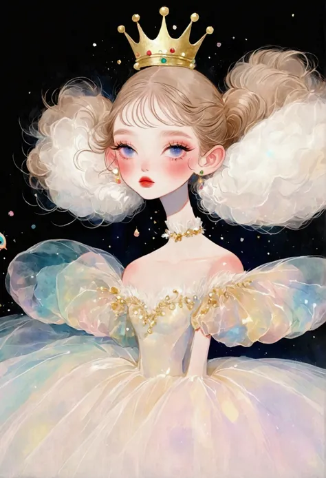 pastel art：1 beautiful and elegant girl，elf ears，golden crown，(((puffy tulle dress，exaggerated sleeves，fluffy，fluffy白色薄纱)))，colo...