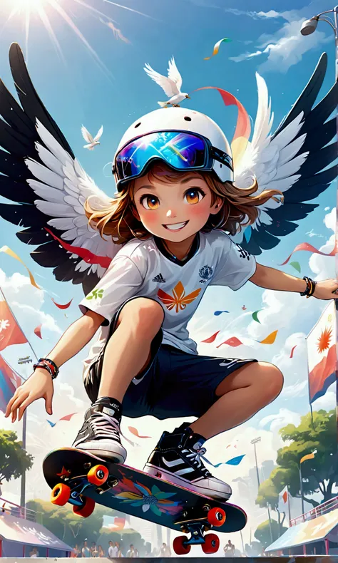 (summer olympics skateboarding competition: park: air),smiling skateboarder: girl 15 years old,an image depicting a skateboardin...