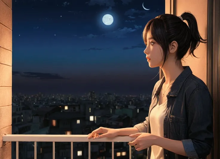 Woman with custom anime,night、balcony、music