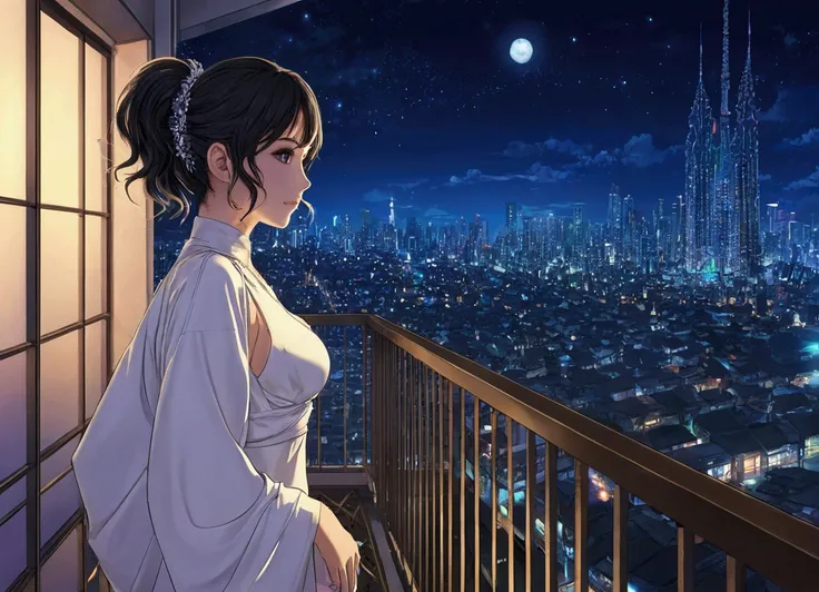 Woman with custom anime,night、balcony、music